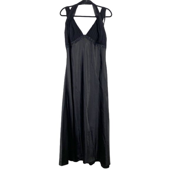 Vintage Aspeed 90s y2K Black Beaded Satin Maxi Dress with Shawl 2XL - Picture 1 of 12